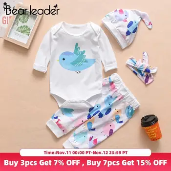 

Bear Leader Kids Cartoon Print Clothing Sets New Fashion Girls Boys Bird Pattern Clothes with Hat and Hairband Baby Costumes