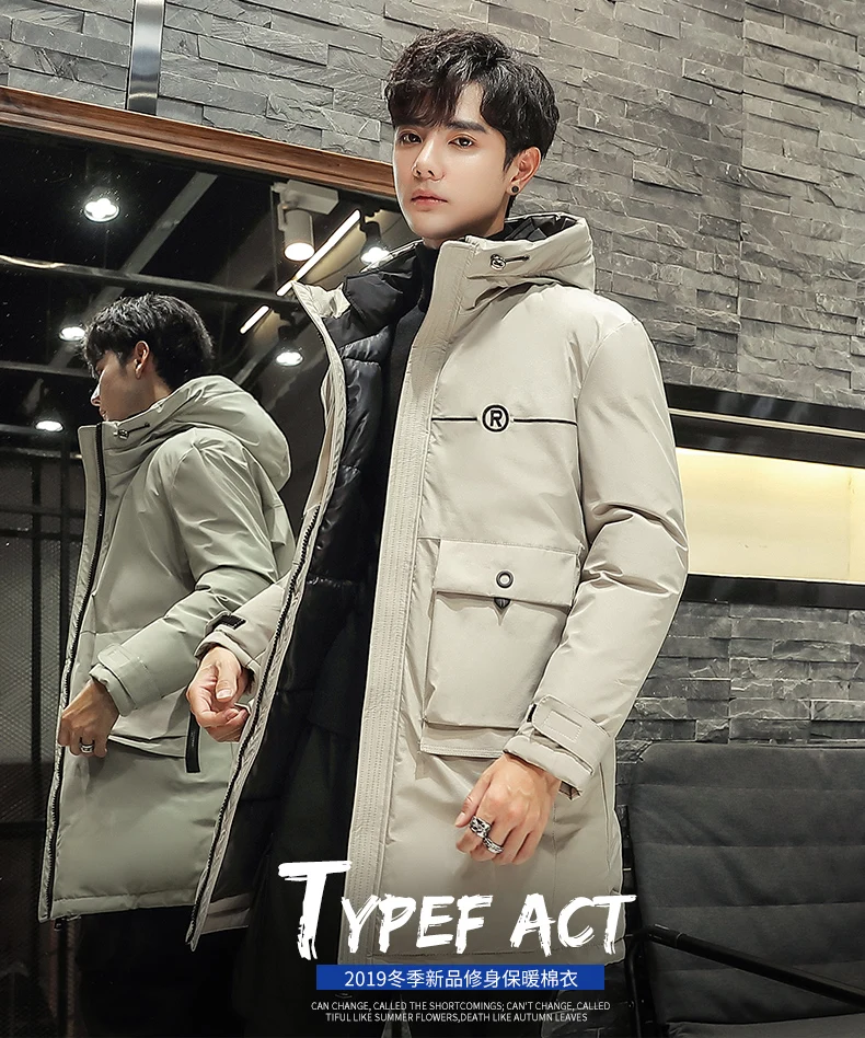 Зимняя мужская одежда, корейский стиль, популярный бренд, с капюшоном, хлопковая стеганая одежда, мужская мода, мужской толстый пуховик средней длины