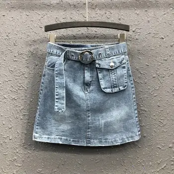 

Denim skirt New fashion big pocket high waist women slim package hip short jeans skirt Pencil skirt plus size 2XL r174