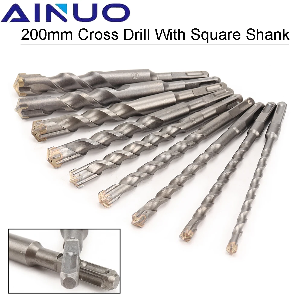 200mm Electric Hammer Drill Bits 13/16/20/25/32mm Cross Type Tungsten Steel Alloy SDS Plus Square Shank for Masonry Concrete square handle electric hammer drill bits 6 8 10 12 14 16 18 20mm cross type tungsten steel alloy for masonry concrete rock stone