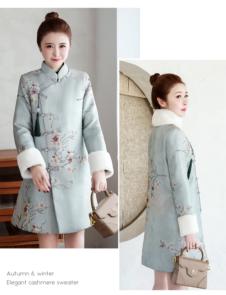 Winter Chinese Style Embroidered Thicken Warm Women's Tang suit Detachable fur collar Pearl Retro Breasted Women Long Coat