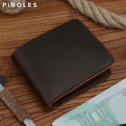 100% Handmade Crazy Horse Genuine Leather Men Wallet Male Short Card Holder Purse Money Clips Wallet Leather Bag