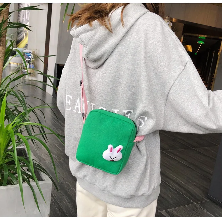 Solid Color Simple Canvas Square Sling Bag Cartoon Cute Rabbit Shoulder Bag Versatile MORI Series Shoulder Bag Phone Coin Purse