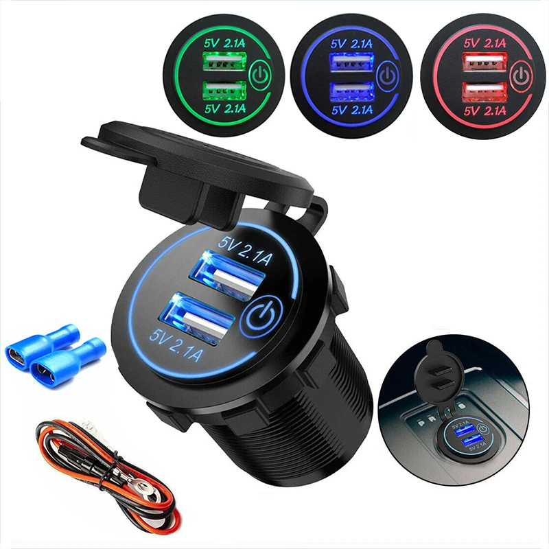 

Car Dual USB Charger Cover with Button for Motorcycle Auto Truck ATV Boat 12V-24V LED Dual USB Socket car Charger Power Adapter