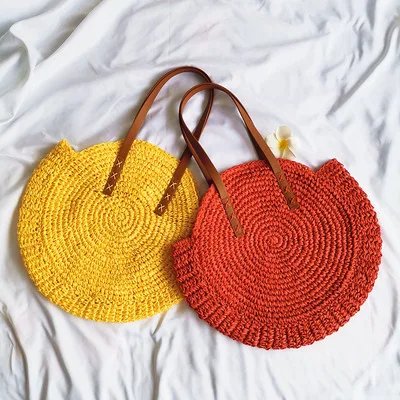 

2019 new hand-woven bag ins round shoulder straw bag beach bag large capacity seaside vacation bag
