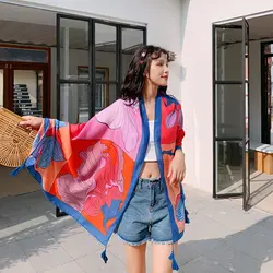 2019 солнцезащитный крем для женщин шарф летнее пляжное парео Корейская версия небольшой свежий длинный шелковый шарф с принтом плюс размер