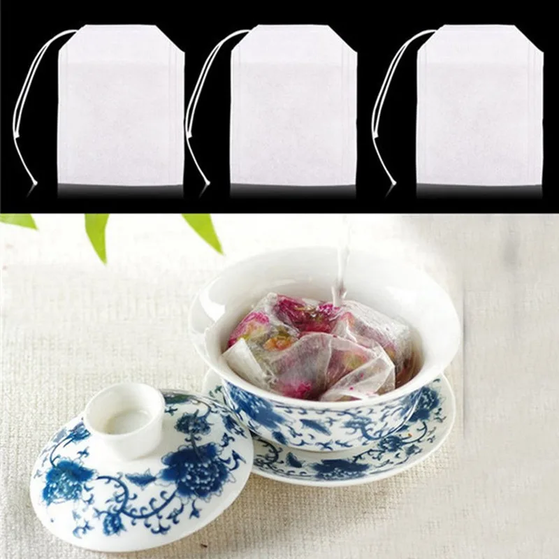 100 шт./лот пустые чайные пакетики со струнами, фильтрующая бумага для травяной листовой чай, модная одежда для напитков