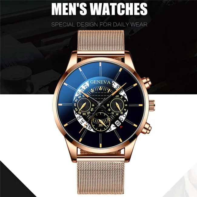 Rose Gold Black Модные мужские деловые повседневные часы с календарем, Роскошные Синие часы из нержавеющей стали с сетчатым ремешком, кварцевые часы для мужчин - Цвет: Rose Gold Black