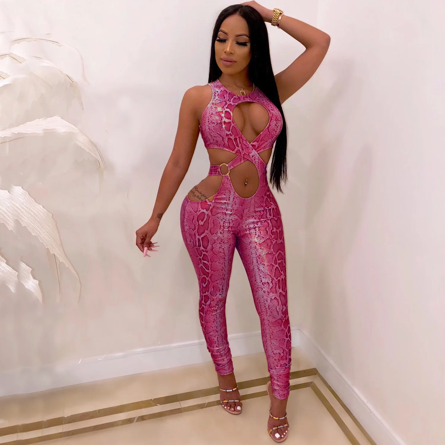 Взрывные модели европейских и американских женщин сексуальный топ с принтом змеи комбинезон