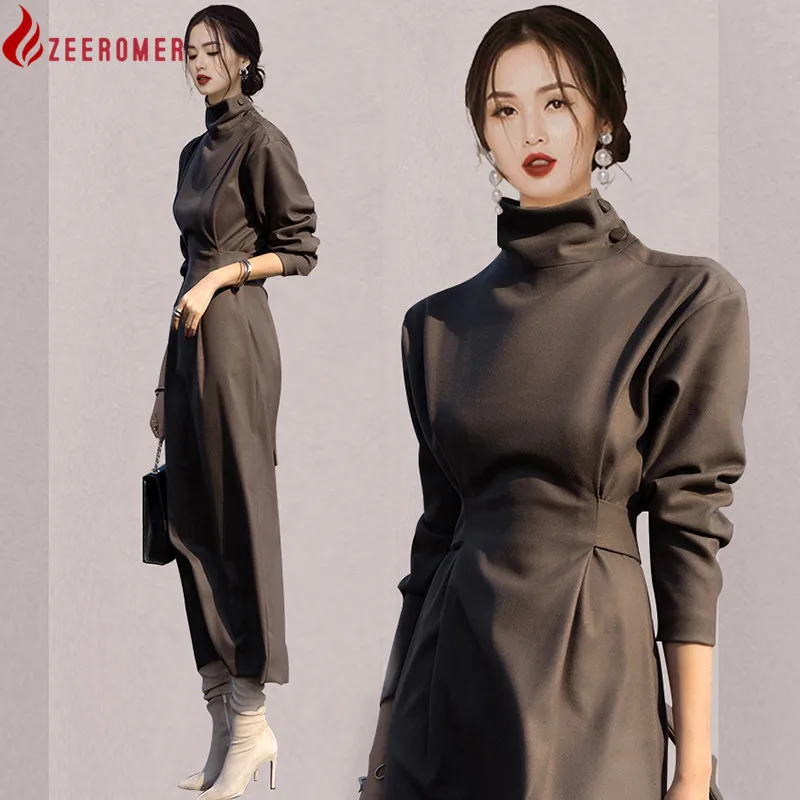 2024 Spring Elegant OL Temperament Long Dress Women Turtleneck Lace Up Solid Colour Party Dress Korean Vintage Female Clothes