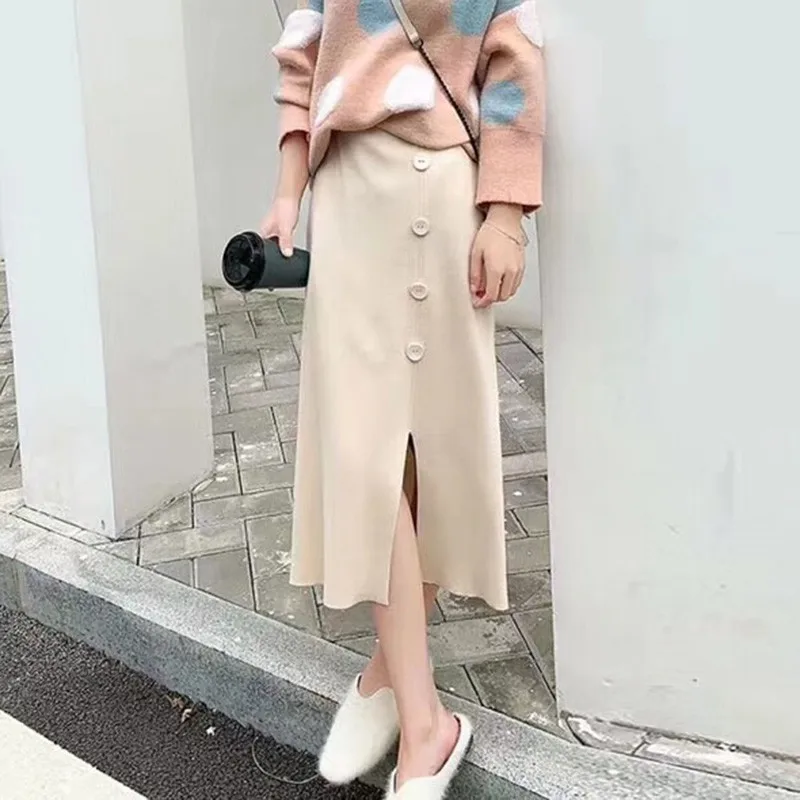Women Sexy High Waist Skirt Casual Solid Color Split Skirt Female Fashion Button Straight Long Skirts faldas mujer moda