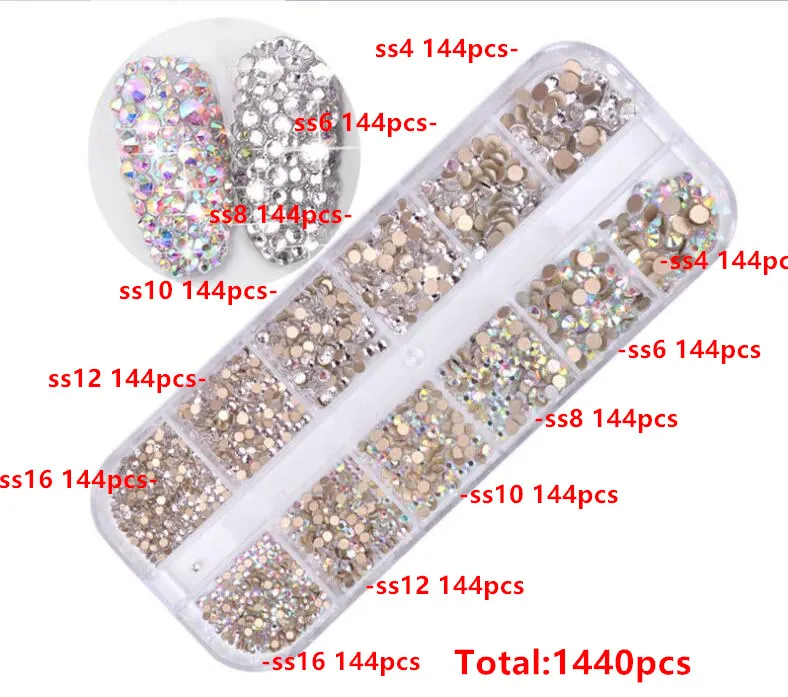 Gold clear - Gold AB 1440 шт Стразы для ногтей кристалл страз перегородка смешанный размер DIY Маникюр 3D Ногти со стразами искусство украшения из страз - Цвет: Gold clear - Gold AB
