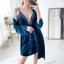 Новинка, женская пижама осень-зима с пикантным воротником-хомутом из ленты, халат из двух предметов, бархатный домашний комплект с длинными рукавами, сорочка de Nuitfemme