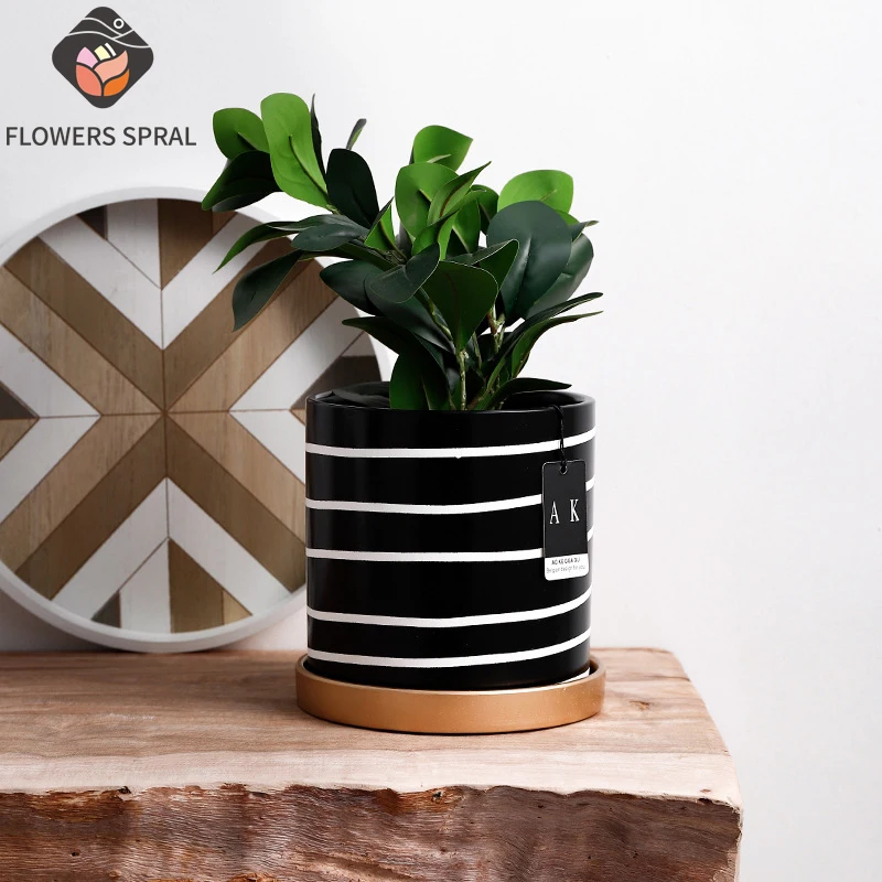 Black And White Striped Design Ceramic Flower With Tray Round Potted Home Decors 