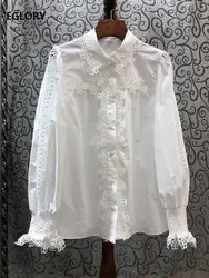 100% хлопковая блуза 2019 Осенняя Повседневная белая черная рубашка женская рубашка с отложным воротником и кружевами в стиле пэчворк с