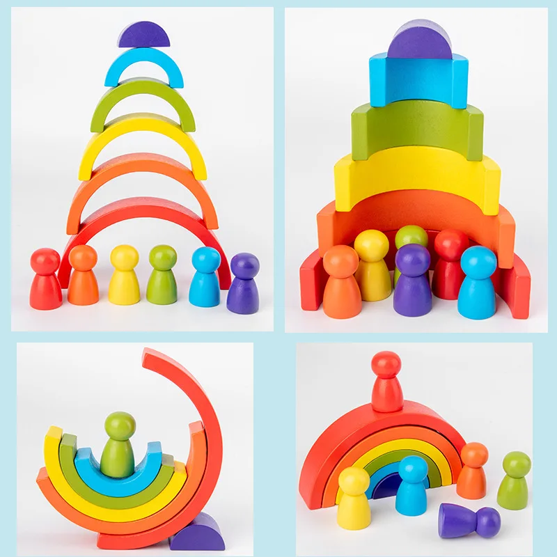 

Wooden Rainbow Arch Building Blocks Villain Combination Wooden Seven Color Semicircle Building Blocks Jenga Toy For Children
