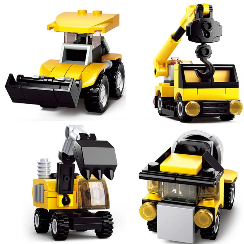 

Creative Building Blocks Excavator Blender Bulldozer Crane Mini Assembled Bricks Toys DIY Intelligence Engineering Car Truck Kid