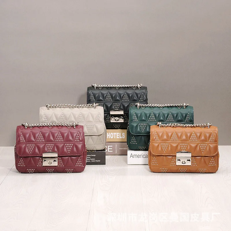 High Quality Women Leather Handbag New Top Layer Leather Rhombic Chain Crossbody Bag Female Rivet Shoulder Messenger Bag
