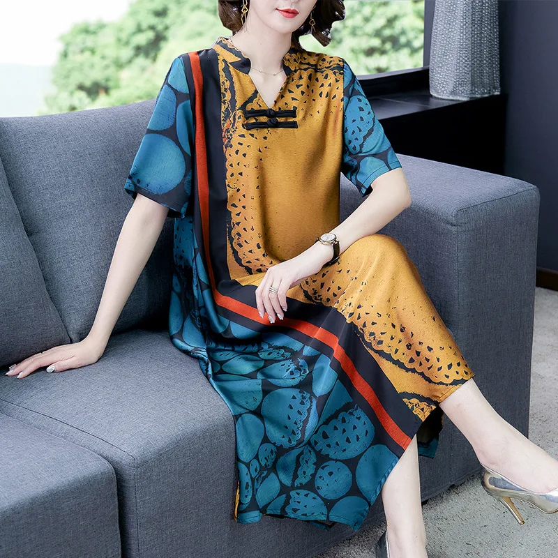 

Chinese-style Nation WOMEN'S Dress Improved Edition Cheongsam Retro Loose Semi-Open-Collar 2020 Spring And Summer Dress Long Ski