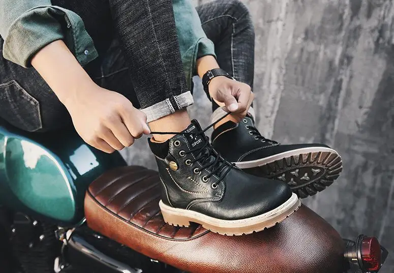 Boots Men Autumn High Quality Causal Motorcycle Ankle Boots Winter Leather Lace up Round Top Fashion Work Shoes Botas de hombre