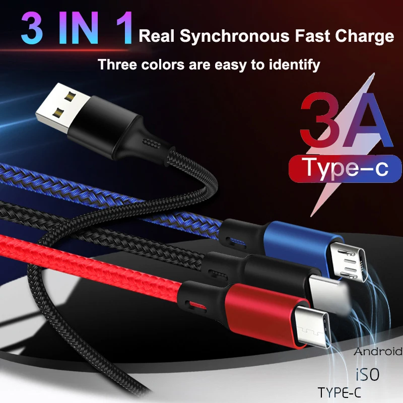 

3 in 1 USB Cable Fast charge data cable For iPhone XS Max XR X 8 7 Micro USB Charger Cable type c Cable for Samsung S9 s8 Nylon