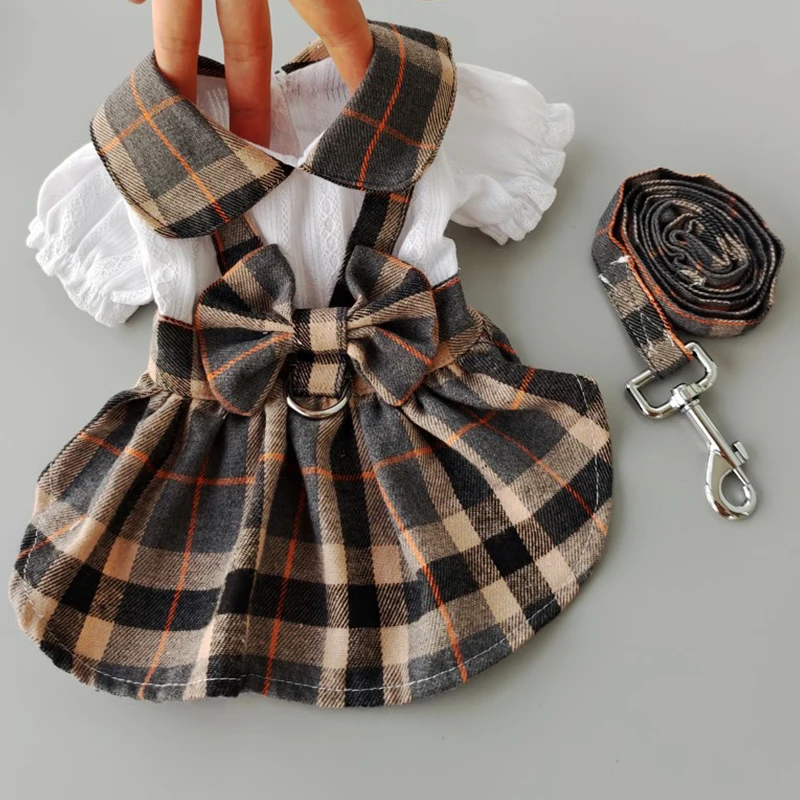 College Plaid Dog Dresses Harness Leash Suit Pet Plaid Skirts Dog