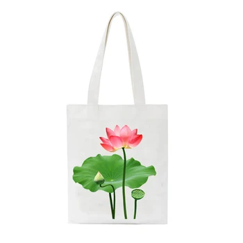 

Women Canvas Lotus Flower Print HandBag Casual Beach Eco Larger Capacity Shopping Bag Collapsible Ladies Canvas Shoulder Bag