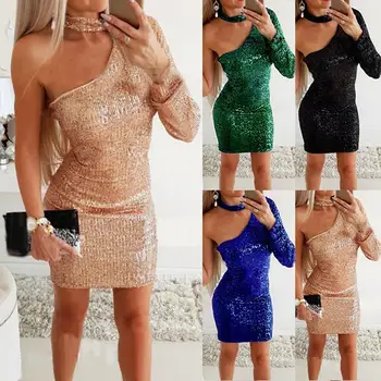 

Sexy Women One Shoulder Shiny Sequins Party Cocktail Dance Bodycon Mini Dress Shiny Sequins Party Cocktail Bodycon Mini Dress