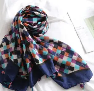 Тёмно-синий Cotton Ombre Plaid Print Tassel Scarves Shawls Women Long Soft Grid Wrap Scarf Muffler Hijab Headband 4 ColorFree Shipping - Цвет: Тёмно-синий