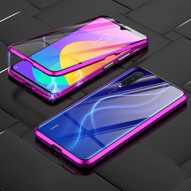 Purple Металлический чехол для телефона Магнитный для Xiaomi mi 9 9T Pro 8 CC9e A2 6x для Red mi Note 8 7 K20 Pro двустороннее закаленное стекло полное покрытие - Цвет: Purple