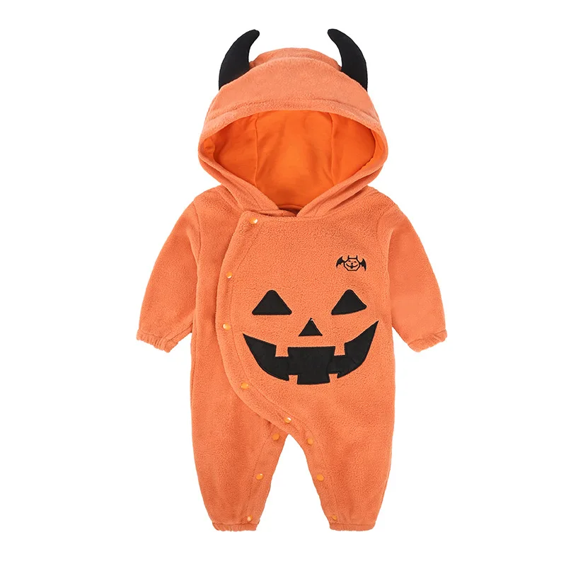 Теплая весенне-осенняя одежда для новорожденных на Хэллоуин; одежда для маленьких девочек и мальчиков; комбинезон с длинными рукавами и изображением тыквы; комбинезон с капюшоном и шапкой - Цвет: Оранжевый