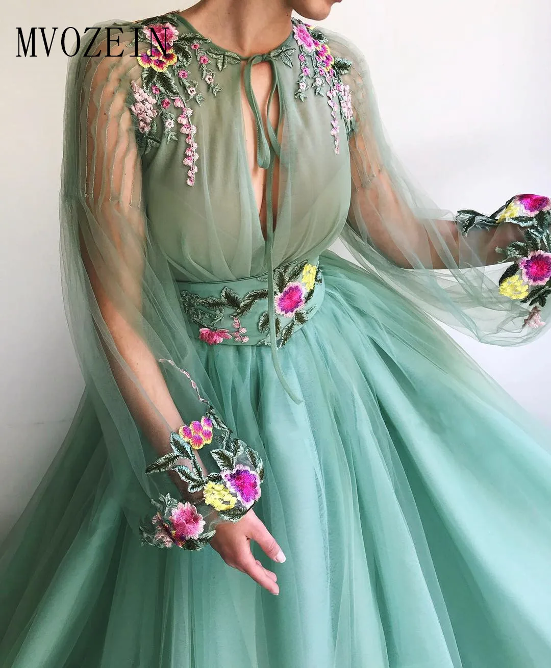 MVOZEIN Green Evening Dress Tulle A-Line Jewel-Neck Full Sleeves 3D Flower Long Evening Dresses Formal Party Gowns vestidos
