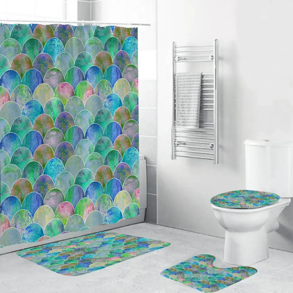 1//3//4 pcs Green Mushroom Shower Curtain Bath Curtains Rugs Toilet Seat Cover Set