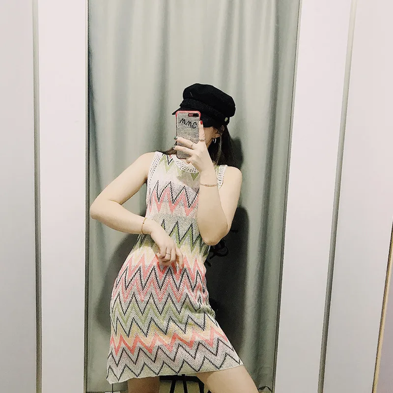 

YUZACDWX 2021 Summer Fashion Streetwear Patchwork O Neck Sleeveless Striped Clothes High Waist Dress Women colored dress