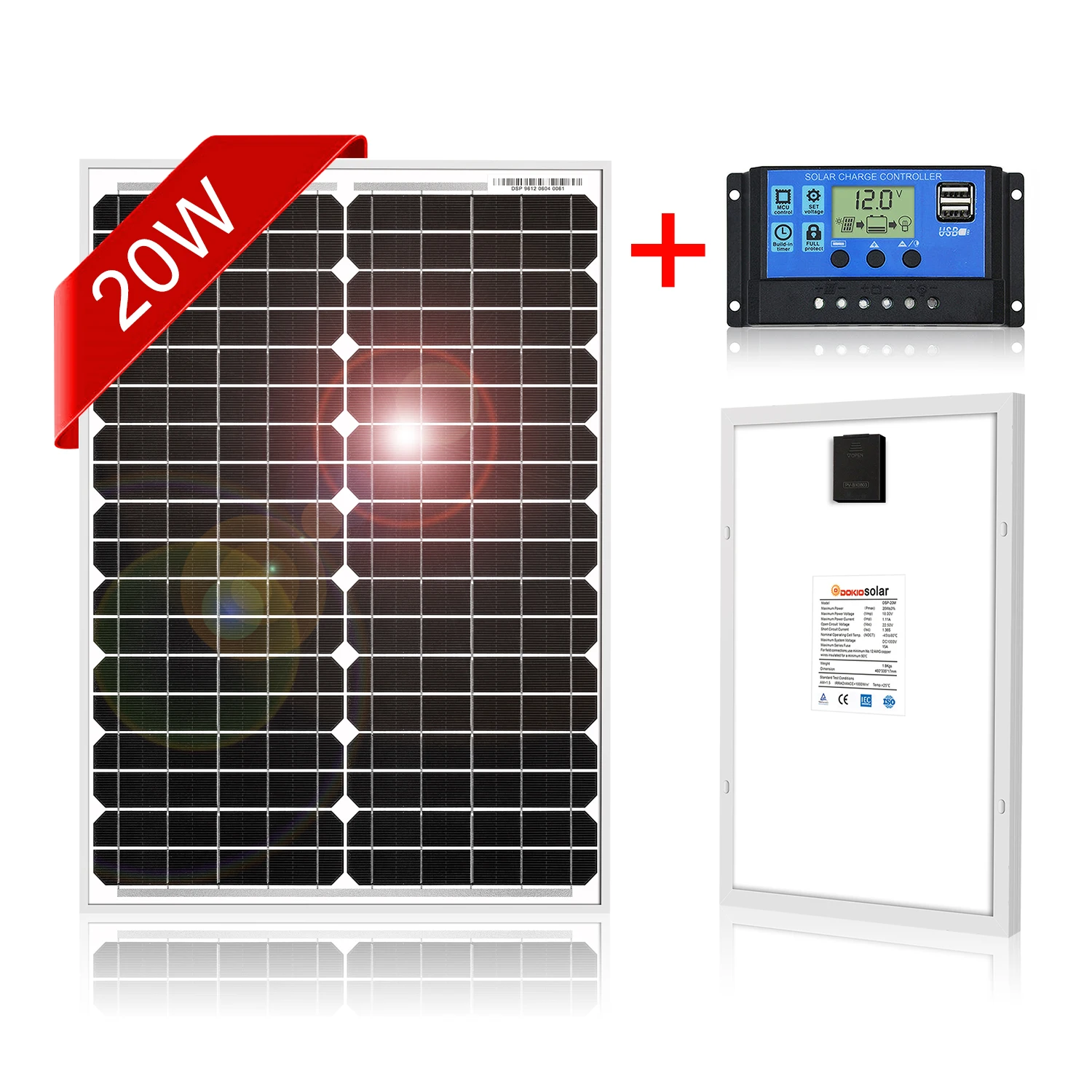 Dokio 12V 20 Вт монокристаллические Панели солнечные жесткая Водонепроницаемый фотоэлектрических Панели солнечные для дома с зарядным устройством usb 5V 10A контроллер