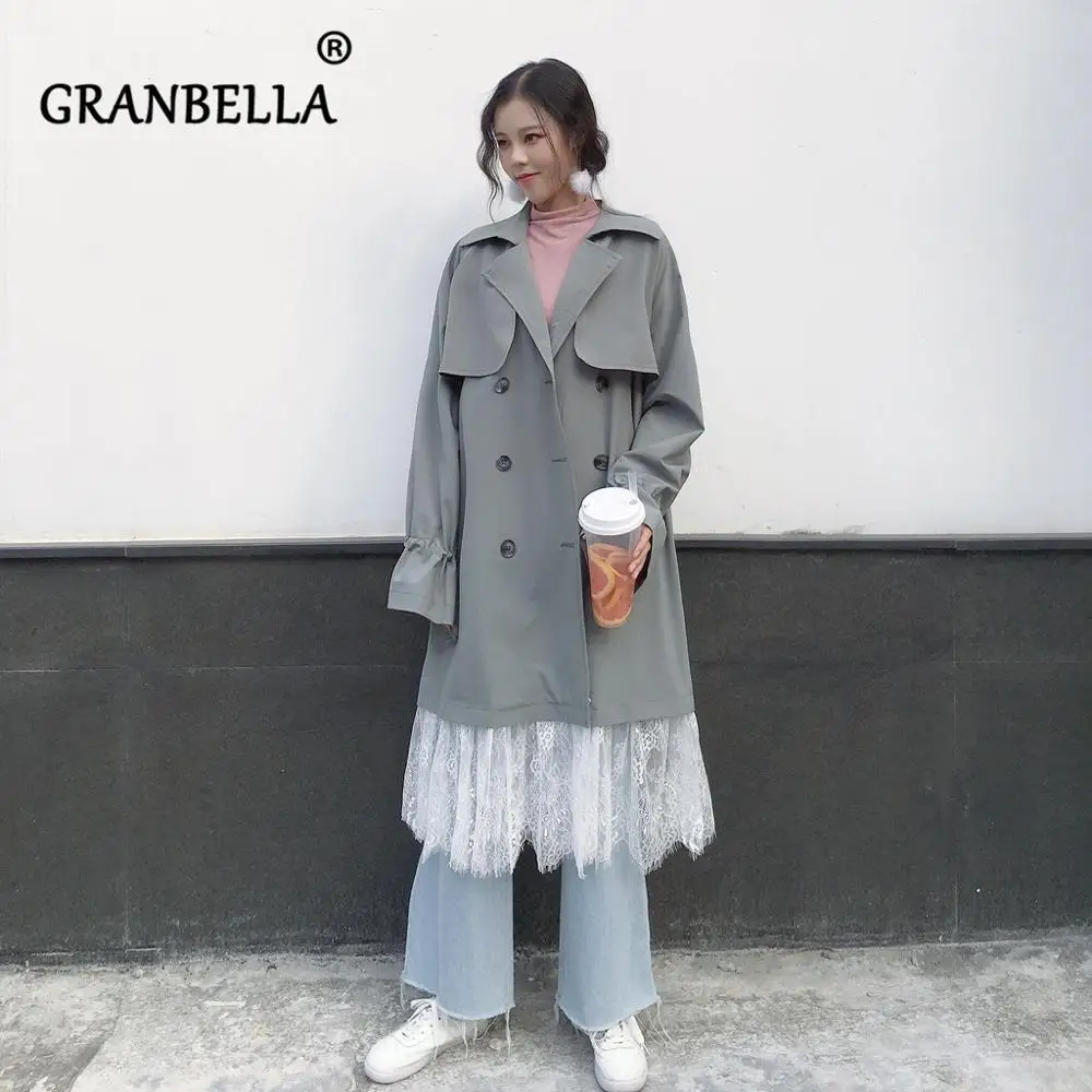 

Autumn Spring Fashion New Korean Chic Double-breasted Women Windbreaker Lace Hemp Patchwork Full Sleeve Long Female Trench Coat