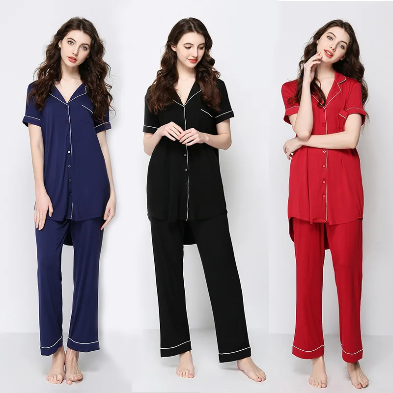 

Summer Women Modal Short-sleeved Nightdress + Trousers Pajamas Two-piece Suit Plus Fat Big Size Sexy Cardigan Home Service Thin