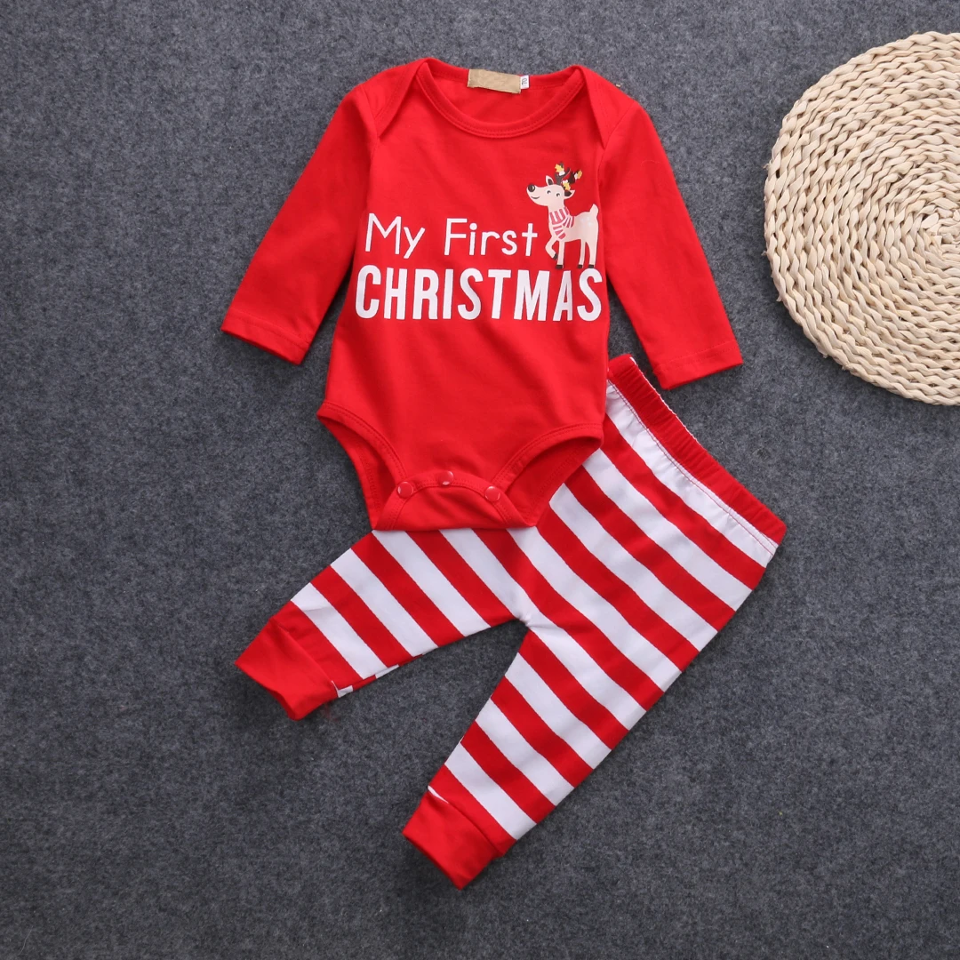

My First Christmas Girl Clothes Set For Newborn Clothes Elk Print Bodysuit+Striped Pant Baby Girl Clothes 2019 Winter Warm D40