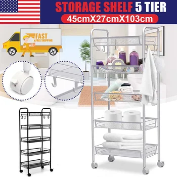 

4/5 Layer Metal Wheels Slide Food Trolley Cart Basket Kitchen Storage Rack Rolling Bathroom Shelf Space Holder Saving Organizer