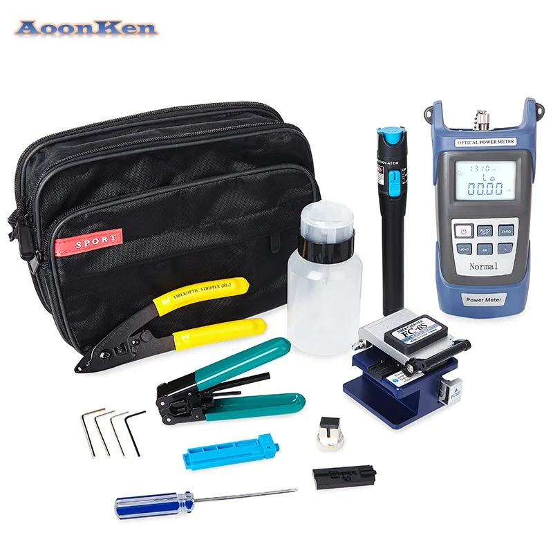 AoonKen 12pcs/set Fiber Optic FTTH Cold connection Tool Kit FC-6S Fiber Cleaver Optical Power Meter 5km Visual Fault Locator