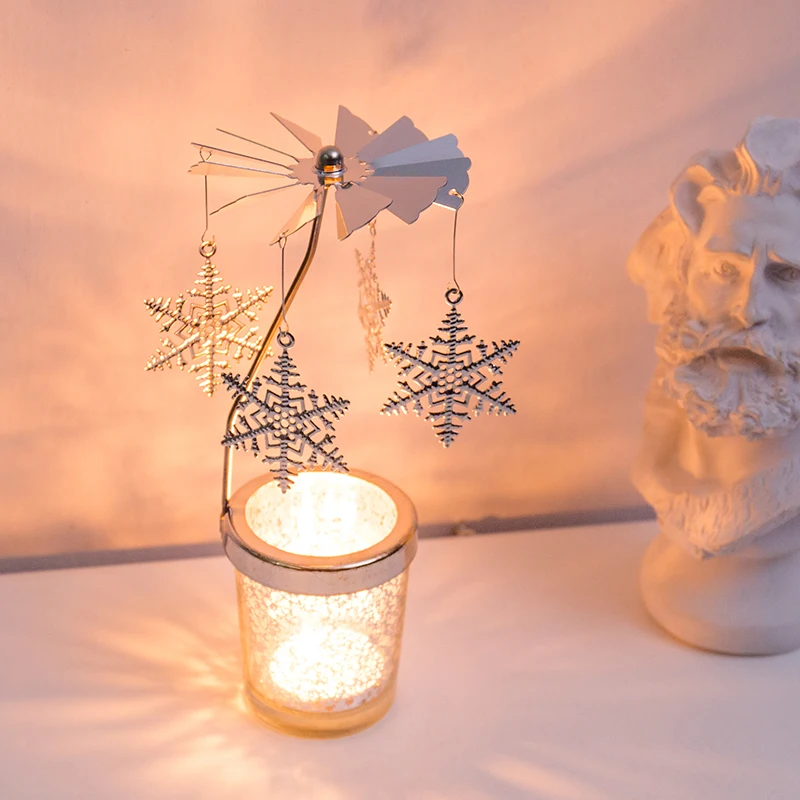 

Creative Rotating Candlestick Snowflake Glass Gold/Silver Candle Cup Holder Romantic Spinning Candle Stand Christmas Home Decor