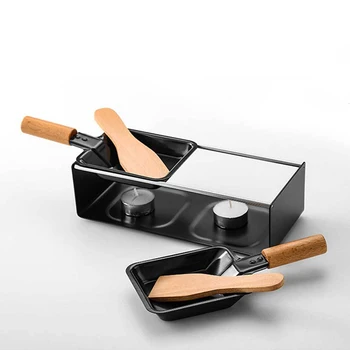 

Black Iron Metal Non-Stick Cheese Raclette Grill Plate with Solid Wood Handle Bakeware Kitchen Appliance 23x10x6.5cm