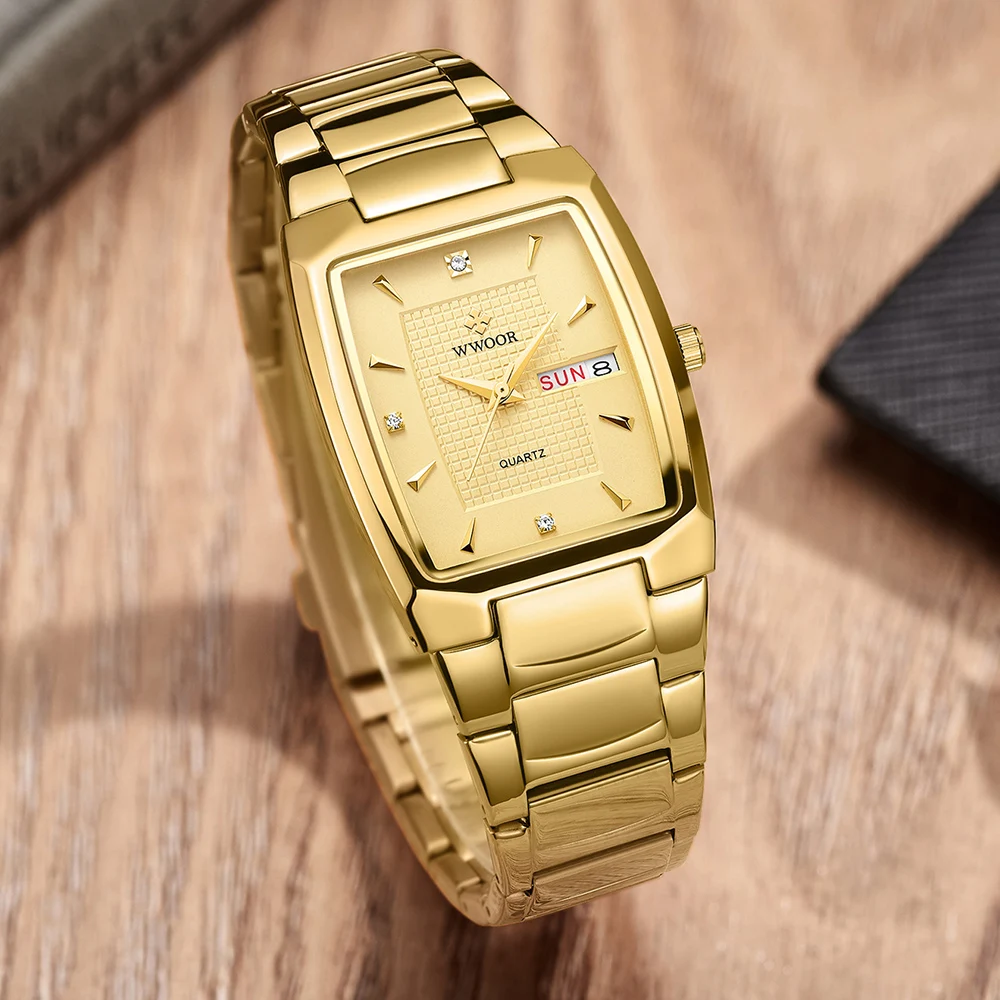 WWOOR 2021 New Square Watch Men with Automatic Week Date Luxury Stainless Steel Gold Mens Quartz Wrist Watches Relogio Masculino