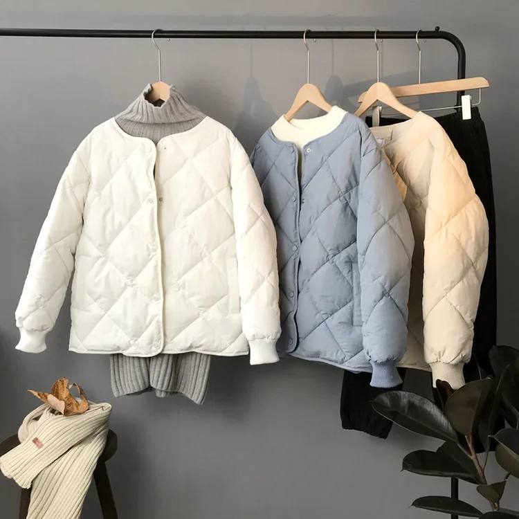 

Tao Sichuan Zhicongxi 2018 Winter Japanese-style Loose-Fit Crew Neck Diamond Lattice Solid Color Short Cotton-padded Clothes Cot