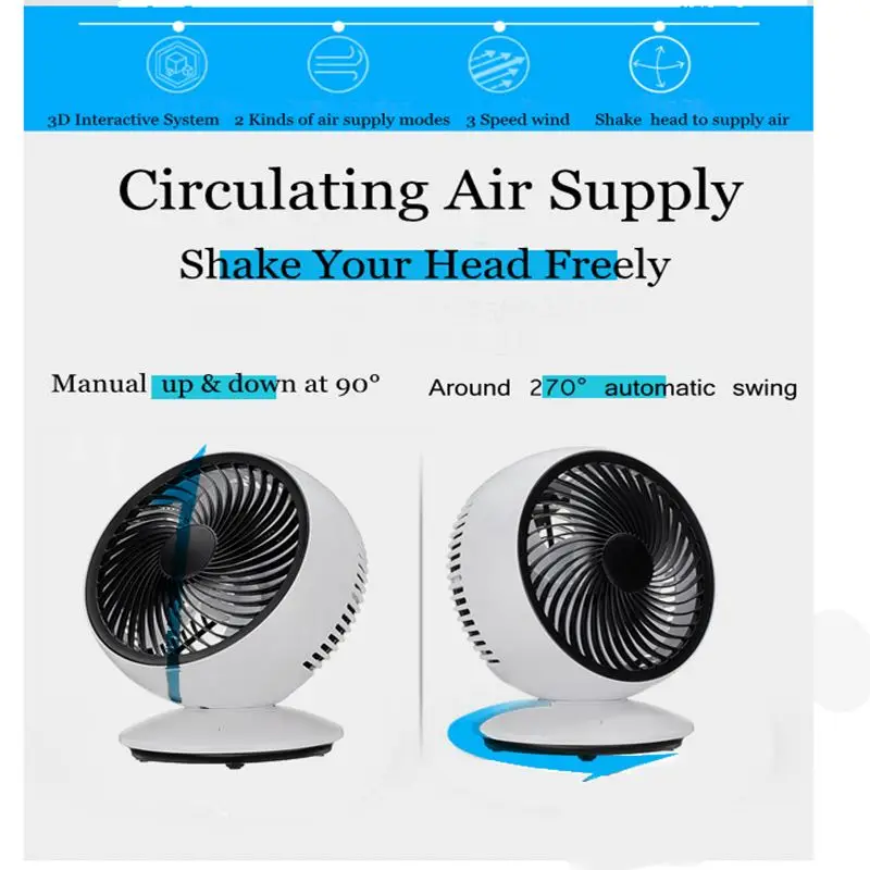 AUGIENB Portable Electric Fans Mini Desk Fans / USB Rechargeable / 3-Speed / 270° Automatic Rotation / Six-leaf / Disassemble