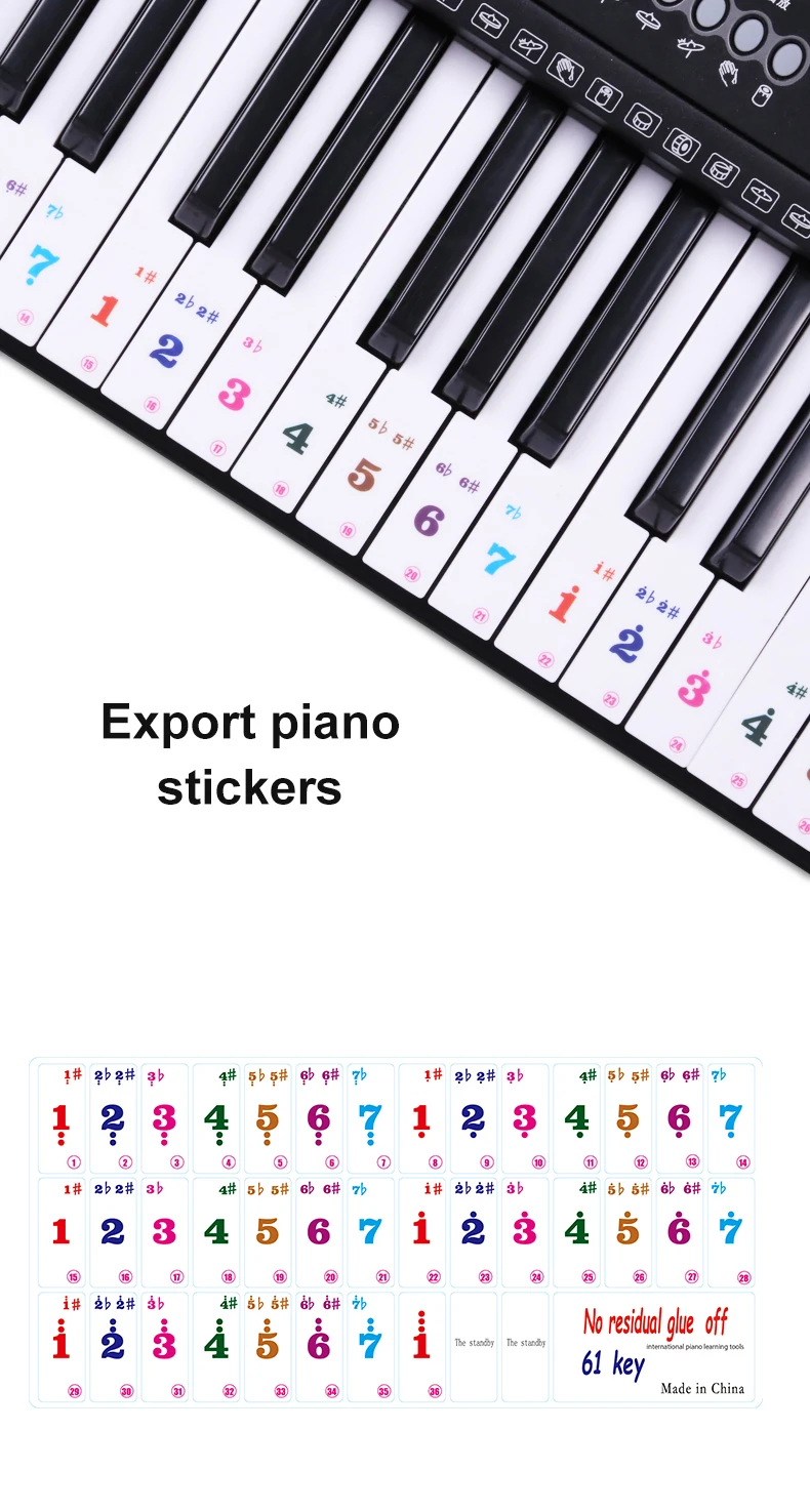 Color piano stickers 49/54/61/88 Keys Without leaving glue Not to hurt the piano Beginner piano Learn musical notes