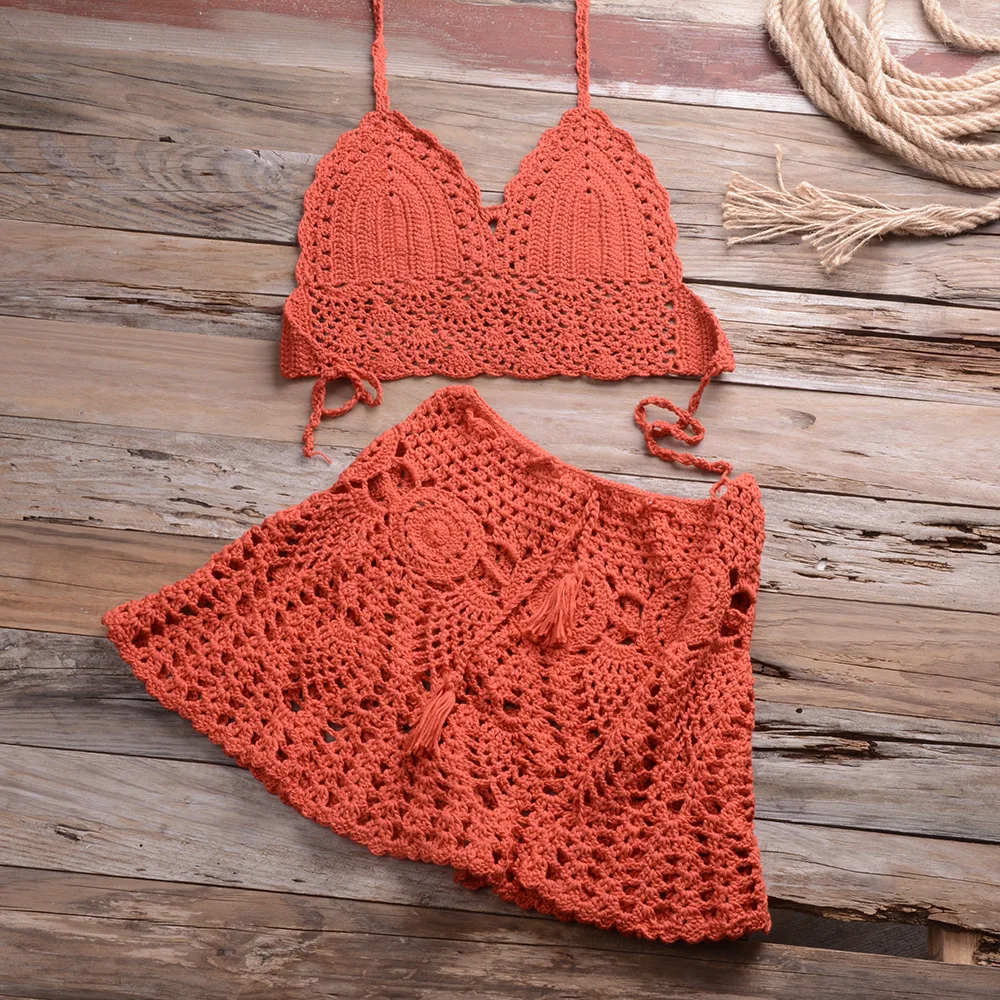 2021 New Crochet 2Pcs/set Beach Cover Up Sexy Women Bra Top+Mini a Line Skirts Bikini Swimsuit Bathing Suit Cover Ups Dress mesh bikini cover up