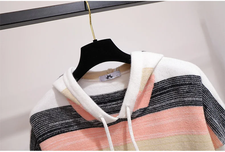 2XL~ 6XL Женская Полосатая свободная толстовка с капюшоном, с длинным рукавом, с заниженным плечом, вязанные радужные повседневные топы, весенне-осенние пуловеры B740
