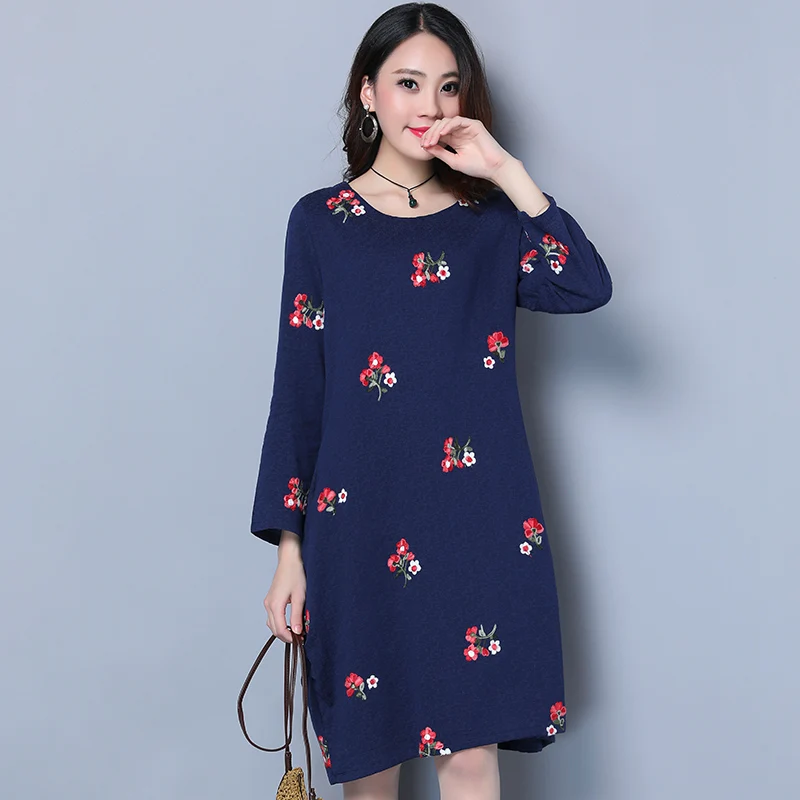 

Autumn wear new cotton linen embroidered dress floral base women's medium long linen plus-size dress women's wear