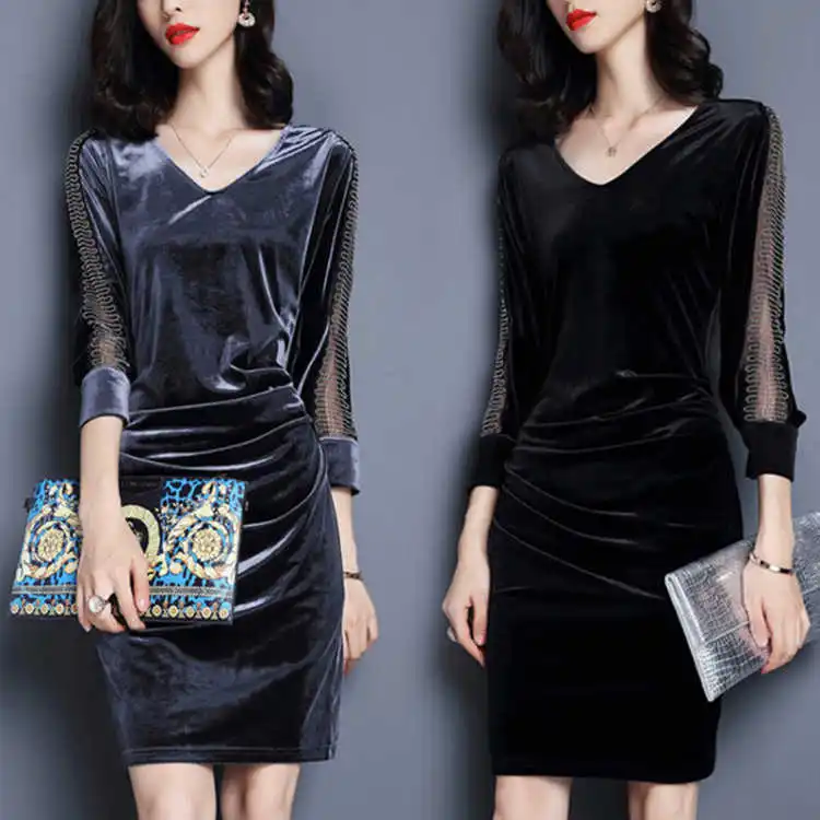 

s-3xl plus size dresses Lady Quality Pleuche Long Sleeve velvet Dress fashion party office Dress vestidos women clothes